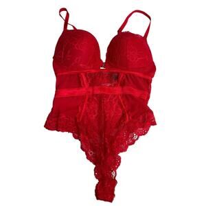 Rachel Roy Push Up Teddy Size M Red Sexy Lace Thong Bodysuit Romantic Feminine